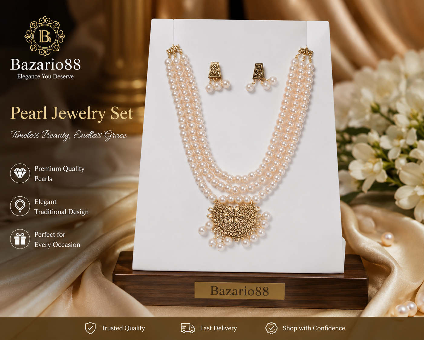 Luxury Multi-Layer Pearl Necklace Set with Matching Earrings on White Display Stand – Elegant Traditional Jewelry by Bazario88