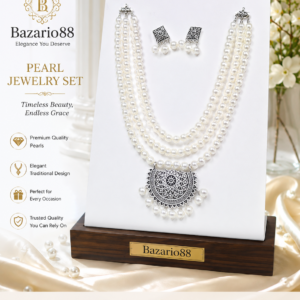 Premium White Multi-Layer Pearl Necklace Set with Silver Pendant and Matching Earrings Displayed on a Luxury White Stand | Bazario88