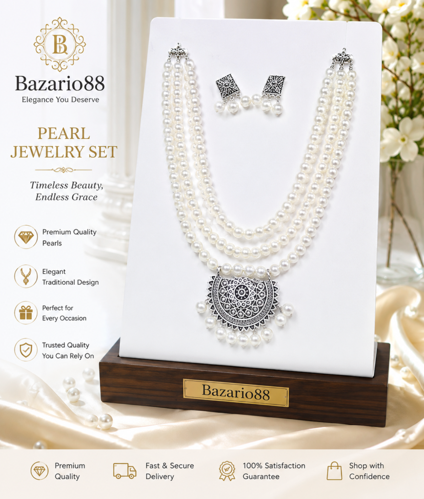 Premium White Multi-Layer Pearl Necklace Set with Silver Pendant and Matching Earrings Displayed on a Luxury White Stand | Bazario88