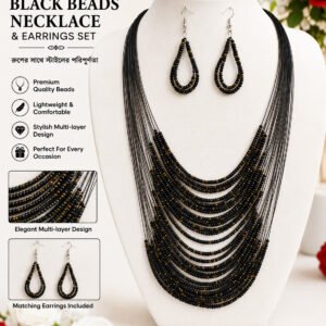 Premium Black Beads Multi-Layer Necklace with Matching Earrings for Women
