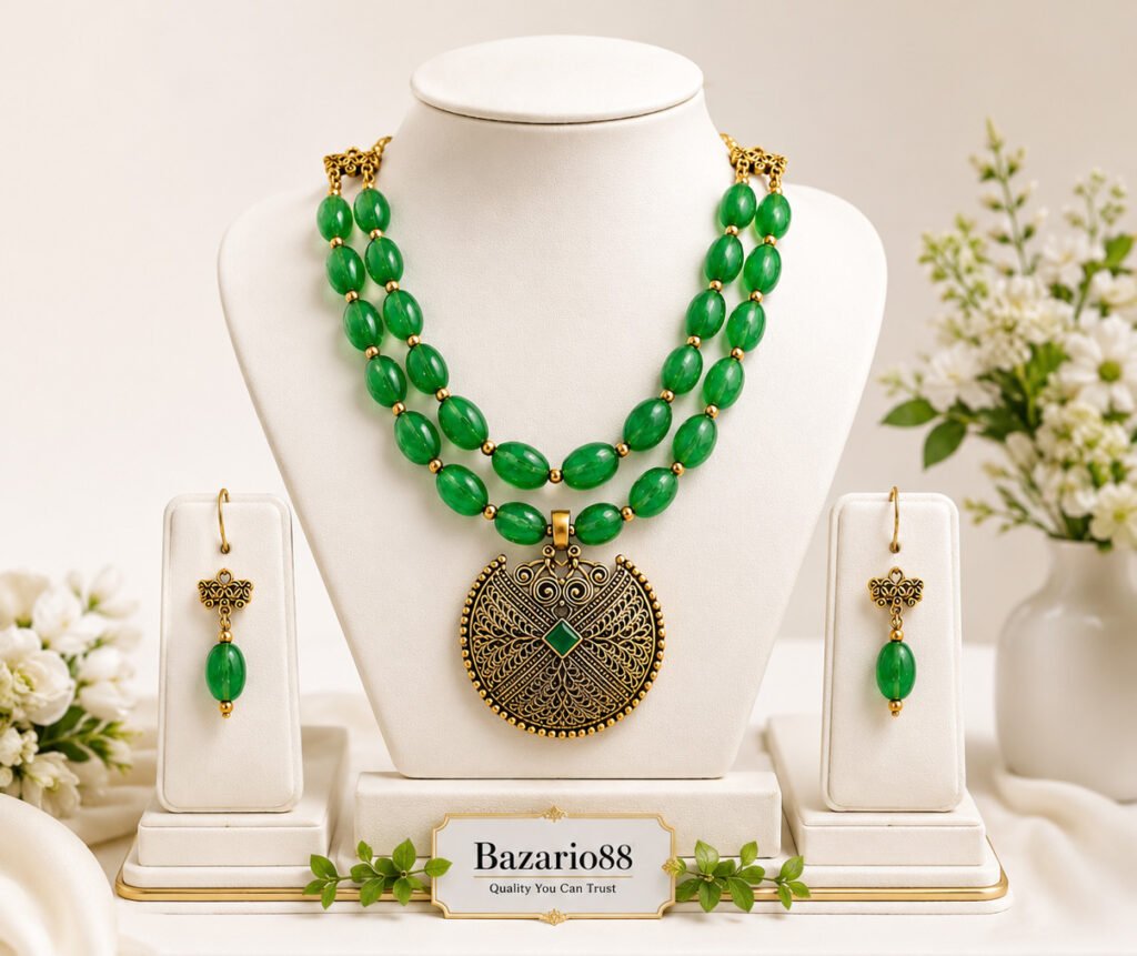 Premium Green Beads Necklace & Earrings Set for Women