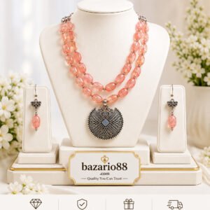 Pink Crystal Beads Necklace Set with Antique Pendant