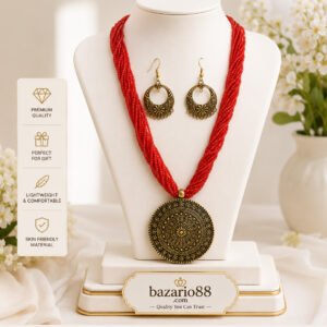 Traditional Red Beads Necklace Set with Antique Pendant