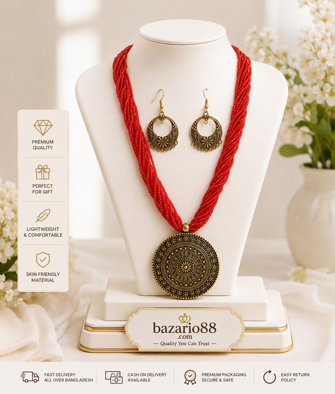 Traditional Red Beads Necklace Set with Antique Pendant