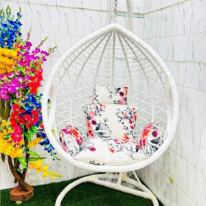 Premium White Egg Hanging Swing Chair with Floral Cushion, Heavy Duty Steel Stand, PE Rattan Indoor Outdoor Swing Chair