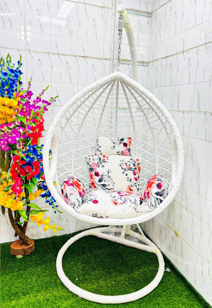 Premium White Egg Hanging Swing Chair with Floral Cushion, Heavy Duty Steel Stand, PE Rattan Indoor Outdoor Swing Chair