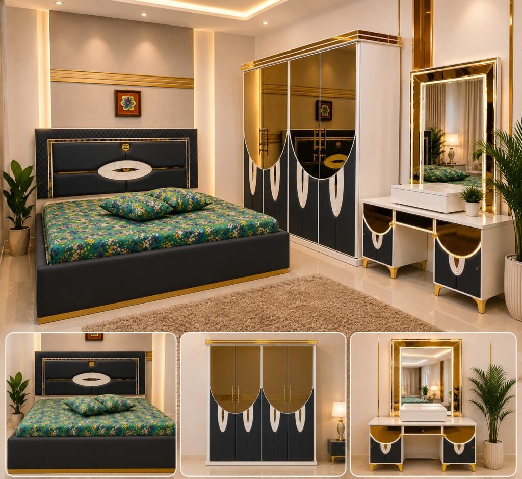 Premium Modern Luxury Bedroom Set with 6x7 ft Bed, 5x7 ft 3 Door Almirah and Dressing Table