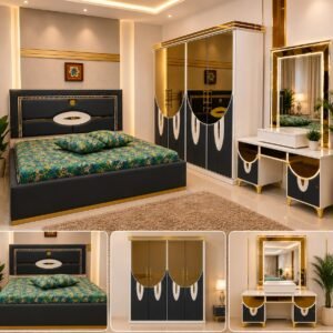 Premium Modern Luxury Bedroom Set with 6x7 ft Bed, 5x7 ft 3 Door Almirah and Dressing Table
